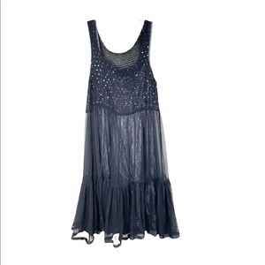 LYNN RITCHIE Vintage Layered Crochet Crinkle Silk Chiffon Ruffle Midi Dress